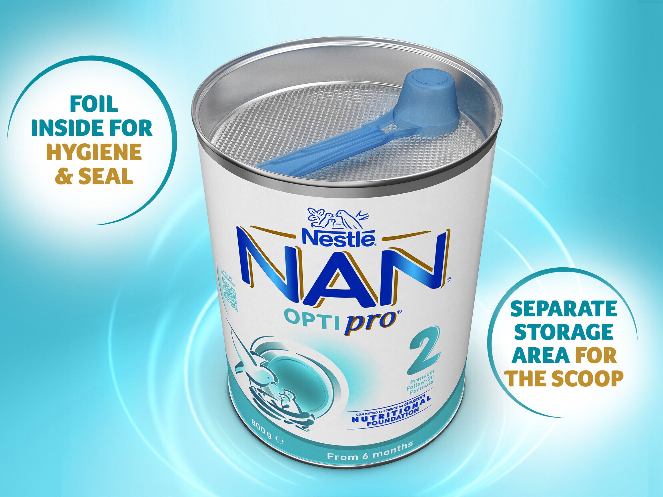 Nestlé NAN OPTIPRO 2 Stage 2 Formula 6-12 Months – 800g Front- separate storage area for the scoop