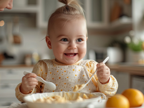 toddler girl smiling eating with 2 spoons
