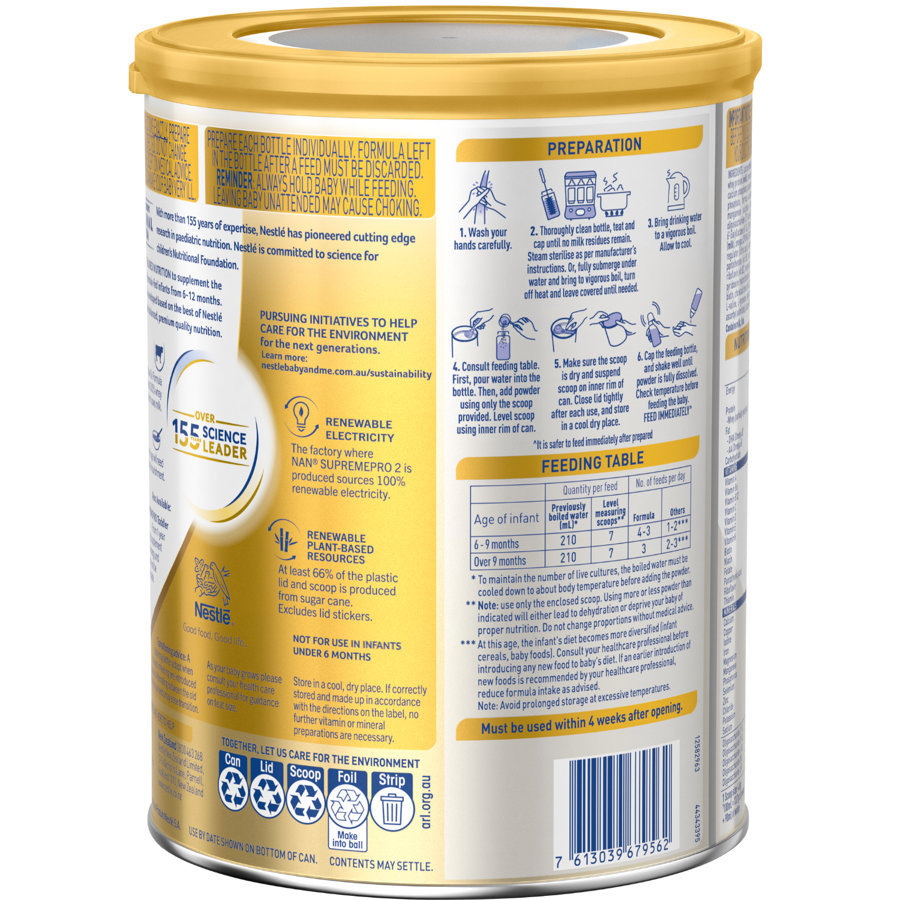 Nestlé NAN SUPREMEpro 2, Premium Follow-On Formula 6-12 Months – 800g Back LHS